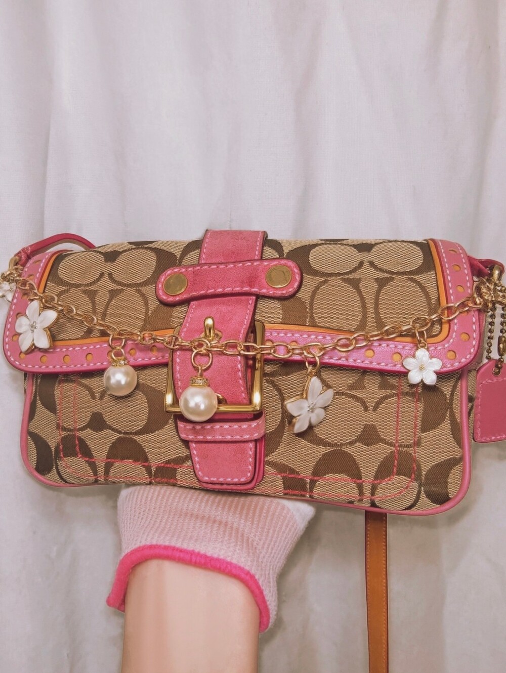 Vintage Coach Soho Signature Canvas Leather Buckle Flap Crossbody 1485 Pink